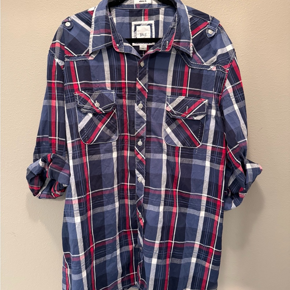 BKE Blue and Red Plaid Casual Button Down Shirt